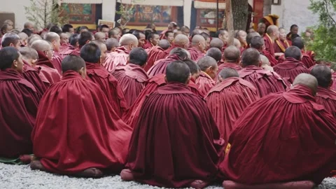 Buddhist monks chanting in the Sera Monastery in Lhasa, Tibet Stock Footage 312599544