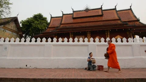 Buddhist monks collect rice during alms giving ceremony in Luang Prabang, Laos Stock Footage 112126337