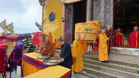 Buddhist monks conducting rite at Ancient Sutra Worship Platform on Mount Jiuhua Stock Footage 249081568