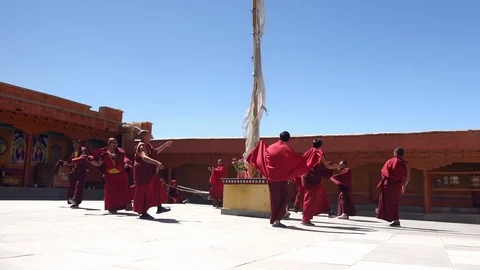 Buddhist monks perform Cham Dance. Likir Gompa monastery. Ladakh, India Stock Footage 89029396