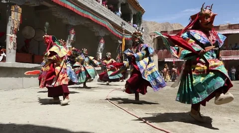 Buddhist Monks Performing Mask Dance at a Buddhist Monastery Video stock 51810008