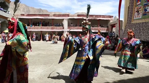 Buddhist Monks Performing Mask Dance at a Buddhist Monastery Stock Footage 51811990