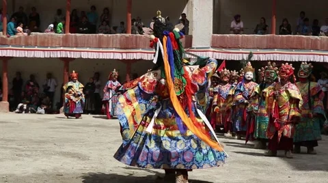 Buddhist Monks Performing Mask Dance at a Buddhist Monastery Stock Footage 51813040