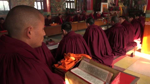 Buddhist monks prayer ceremony in Kathmandu monastery, Nepal religion Stock Footage