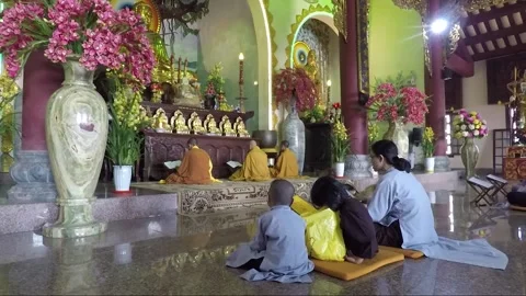 Buddhist monks praying at altar inside temple, Linh Ung Pagoda, Da Nang, Vietnam Stock Footage 176924068