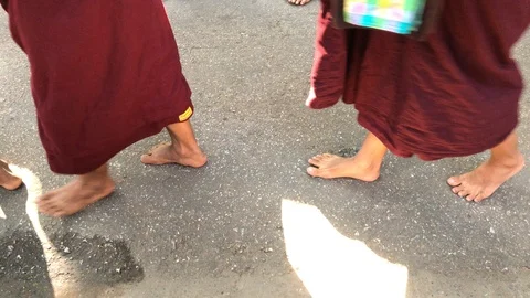 Buddhist monks procession for getting food in Mandalay Stock Footage 100578344