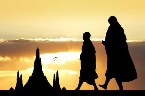 Buddhist monks at the temple at sunset Stock Illustration