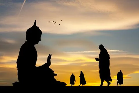 Buddhist monks at the temple at sunset Stock Illustration