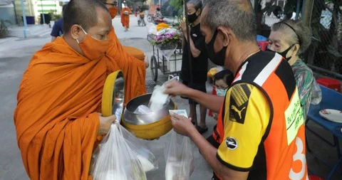 Buddhist Monks Thailand COVID-19 Masks Stock Footage