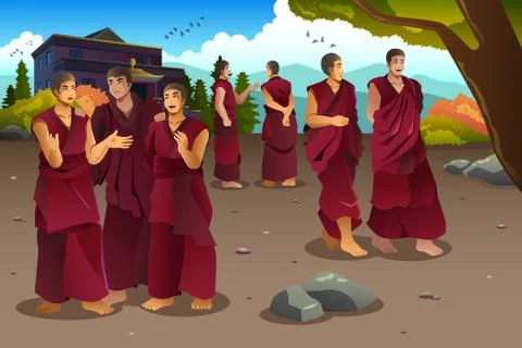 Buddhist monks in Tibet temples Stock Illustration