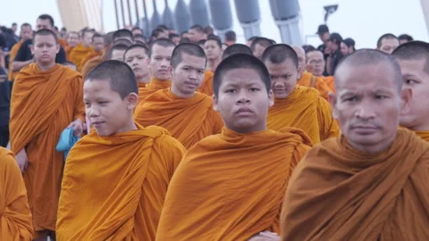 Buddhist Monks Walk in Procession During King Rama IX Memorial Service Stock Footage 329831599