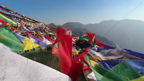 Buddhist Peace Flags Flying On A Hill Top In Dalai Hills Mussoorie India Stock Footage