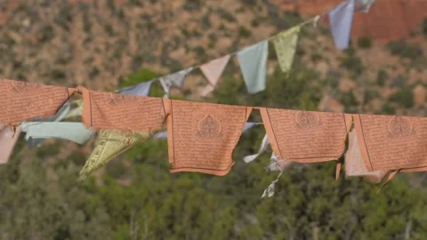 Buddhist prayer banner flags blowing in wind Stock Footage 260422264