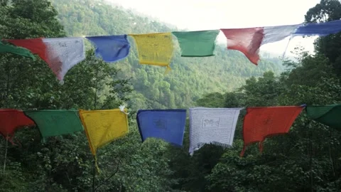 Buddhist prayer flag fluttering in the wind in a forest, in Darjeeling, India Stock Footage 238812604