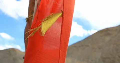 Buddhist prayer flag moves on wind breeze with mountains on background. Himalaya Stock Footage 92828559
