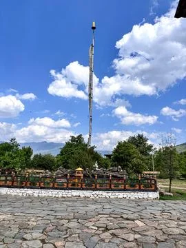 A Buddhist Prayer flag outside of Monastery in Paro Bhutan Stock Photos