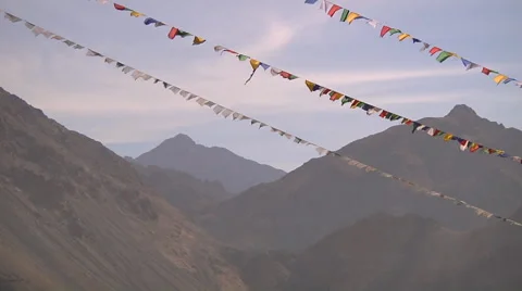 Buddhist prayer flags at background of mountains in Ladakh, Jammu and Kashmir, I Stock Footage 45585626