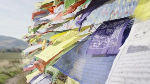 Buddhist Prayer Flags Flutter Peacefully in the Breeze Video stock 242728044