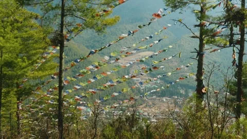 Buddhist Prayer Flags Fluttering Above Thimphu Valley in Slow Motion Stock Footage 342141854