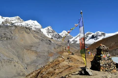 Buddhist prayer flags in the mountains Stock Photos
