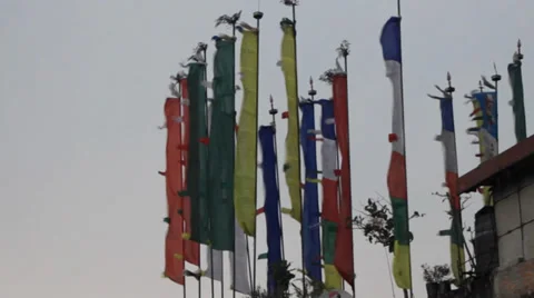 Buddhist prayer flags moving in the wind near the Himalaya mountains. Stock Footage 37562899