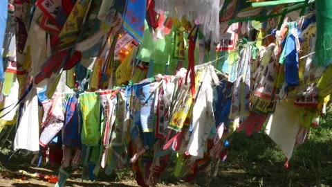 Buddhist prayer flags sway in the wind, Buryatia. Stock Footage 284047542