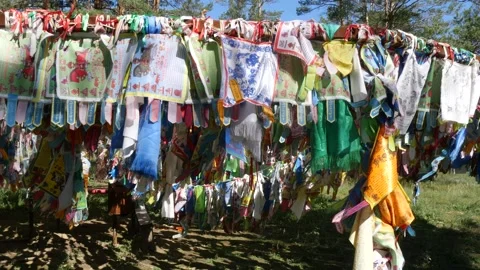 Buddhist prayer flags sway in the wind. Stock Footage 284047543