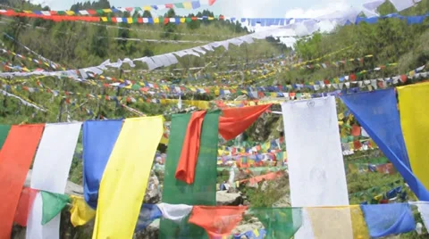 Buddhist Prayer Flags at water falls Stock-Footage 38623103