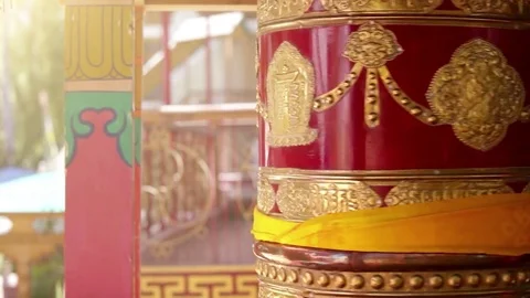 Buddhist prayer wheel rotating in one of the monasteries in Ladakh Video stock 75050896