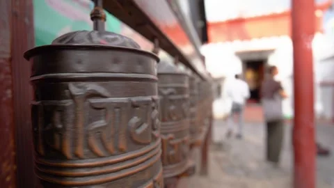 Buddhist Prayer Wheels at Boudhanath Stupa in Kathmandu Nepal Stock Footage 338332070