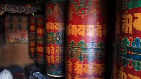 Buddhist prayer wheels in a monastery in the Himalayas of North East India. Stock Footage