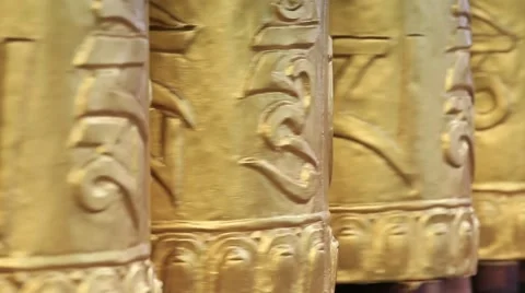 Buddhist prayer wheels in monastery with written mantra. India, Himalaya, Ladakh Stock Footage 64836907
