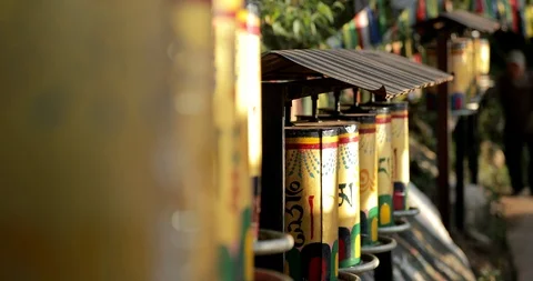 Buddhist Prayer Wheels In Tibetan Monastery. India, Mcleod Ganj, Dharamsala Stock Footage 96543503