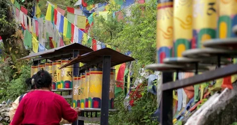 Buddhist Prayer Wheels In Tibetan Monastery. India, Mcleod Ganj, Dharamsala Stock Footage 96545454