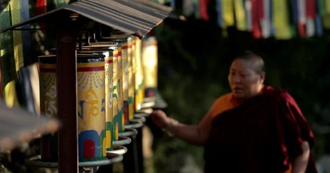 Buddhist Prayer Wheels In Tibetan Monastery. India, Mcleod Ganj, Dharamsala Stock Footage 96545599