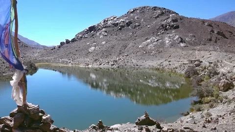 Buddhist praying flags blow in wind. Tso Yarab sacred lake, India Stock Footage 112791308
