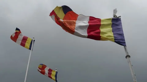 Buddhist religious flags waving in the wind Stock Footage 340642940