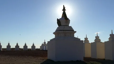 Buddhist ritual structures (stupas) in the Gobi Desert, Mongolia. Stock Footage 91156277