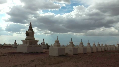 Buddhist ritual structures stupas in the Gobi Desert, Mongolia. Stock Footage 110798079