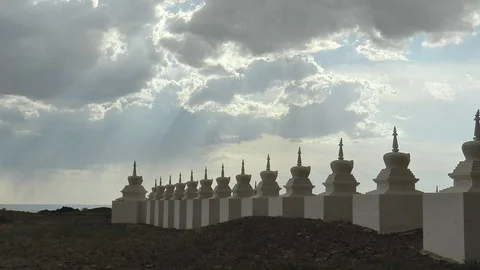 Buddhist ritual structures stupas in the Gobi Desert, Mongolia. Stock Footage 110798202