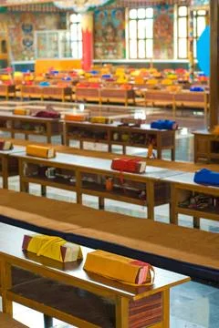 Buddhist scriptures in Namdroling monastery Palyul Nyingmapa Buddhist Cent... Foto stock