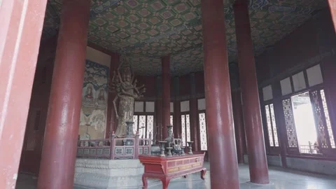 Buddhist Statue Altar With Multiple Hands Inside Temple Hall Stock Footage 332068197