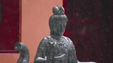 Buddhist Statue in Snowfall, Temple during Winter, Medium Shot 動画素材 231857822