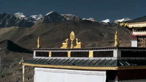 Buddhist Stupa on the background of snow peaks in Nepal, Himalayan mountains. Stock Footage 144862894