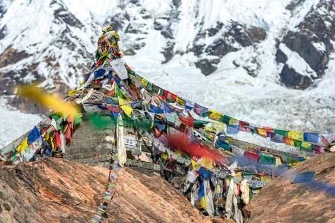 Buddhist stupa with pray flags Stock Photos