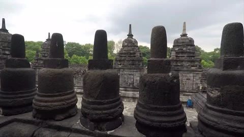 Buddhist Stupas on the Wall, Sewu Main Temple Terrace, Java, Indonesia Video stock 282586238