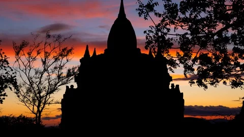 Buddhist Temple in Ancient City of Bagan, Time Lapse at Twilight, Myanmar, Asia Stock Footage 111415194
