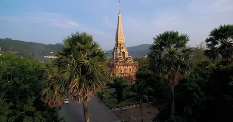 Buddhist Temple and Wat with Trees and Mountains Ascending Spherical Shot Stock Footage 63110453