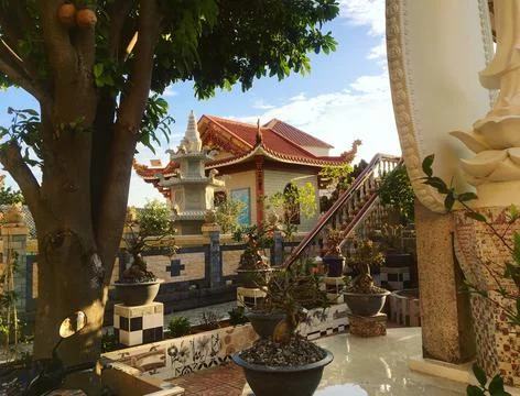 Buddhist temple courtyard with a tree Stock Photos