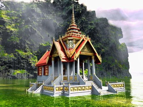 Buddhist temple in mountains 3d rendering Stock Illustration